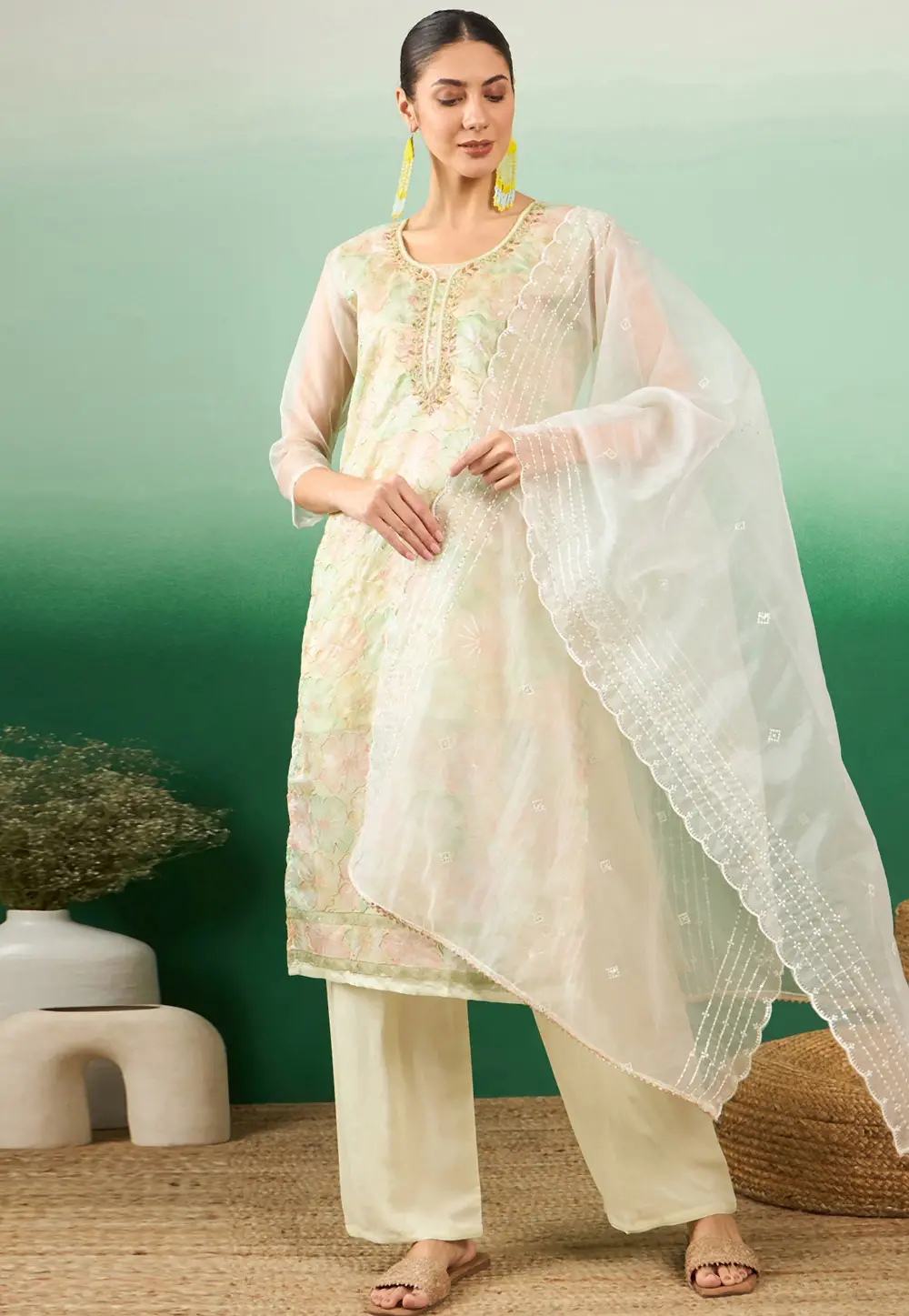 Cream Organza Readymade Palazzo Suit 332254