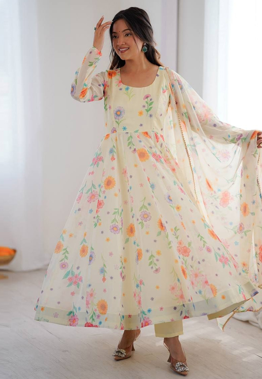 Cream Organza Readymade Pant Style Suit 322416