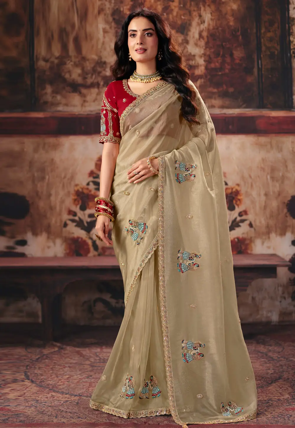 Cream Organza Saree With Blouse 334048