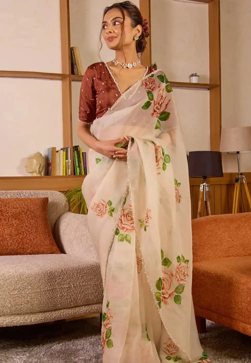 Cream Organza Saree With Blouse 315510
