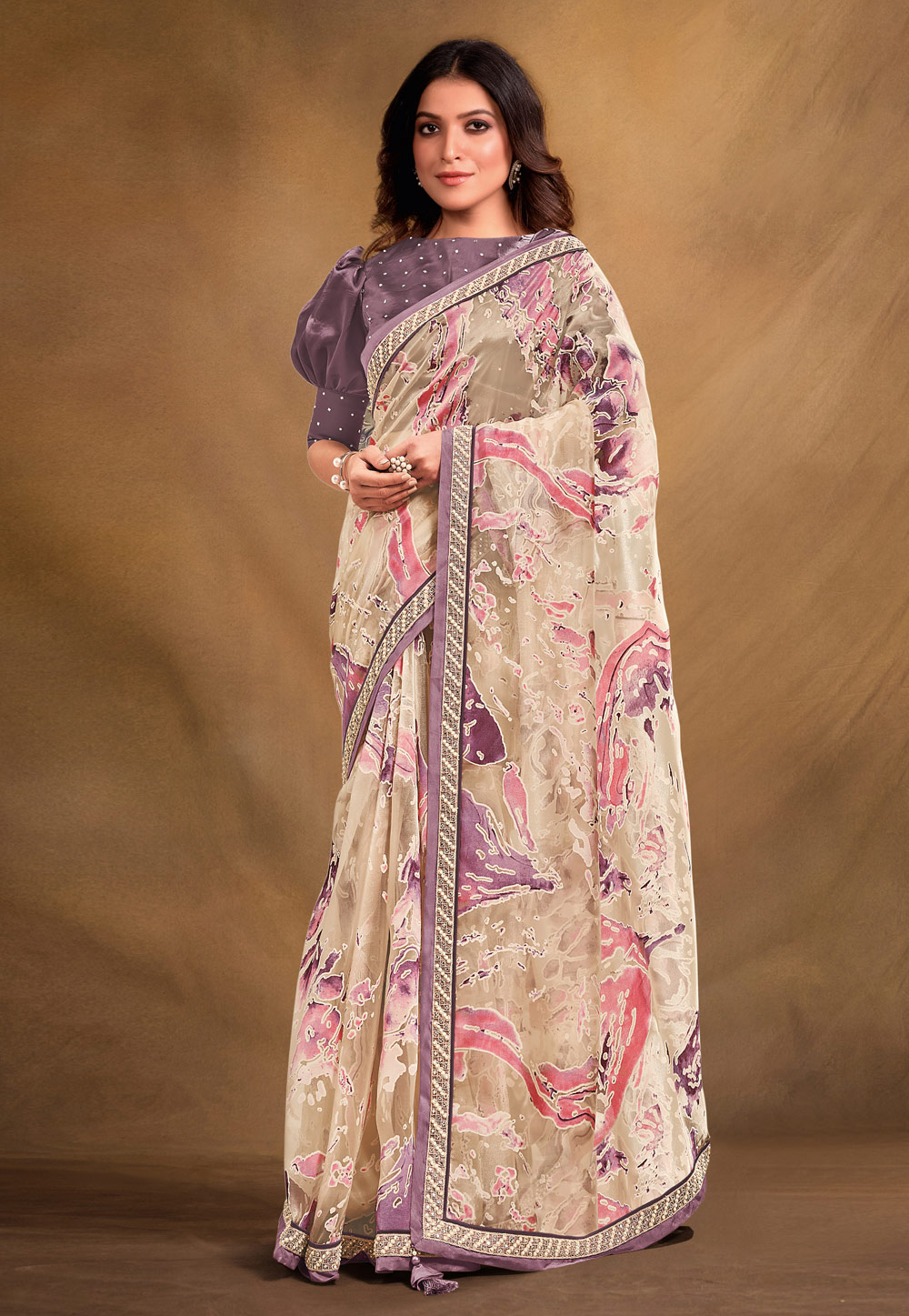 Cream Organza Saree With Blouse 287050