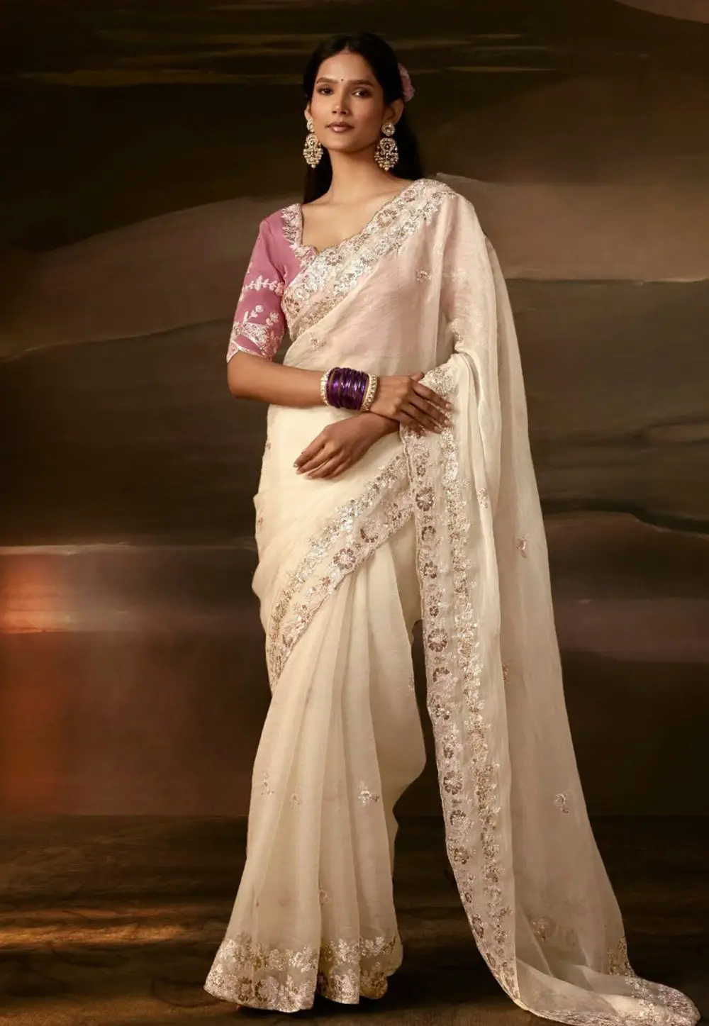 Cream Organza Saree With Blouse 336356