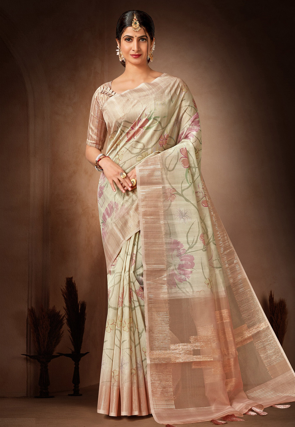 Cream Organza Saree With Blouse 278794
