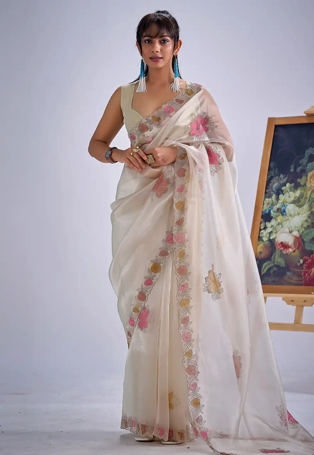 Cream Organza Saree With Blouse 327565