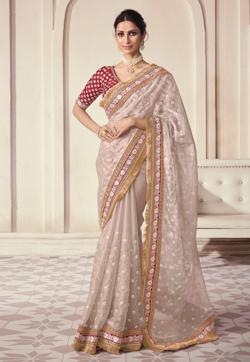 Cream Organza Saree With Blouse 281983