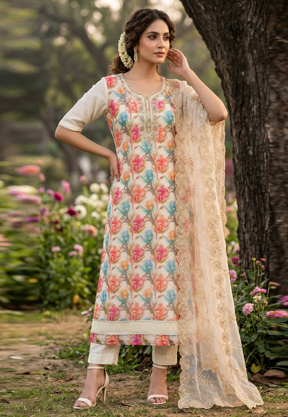 Cream Organza Straight Suit 329365