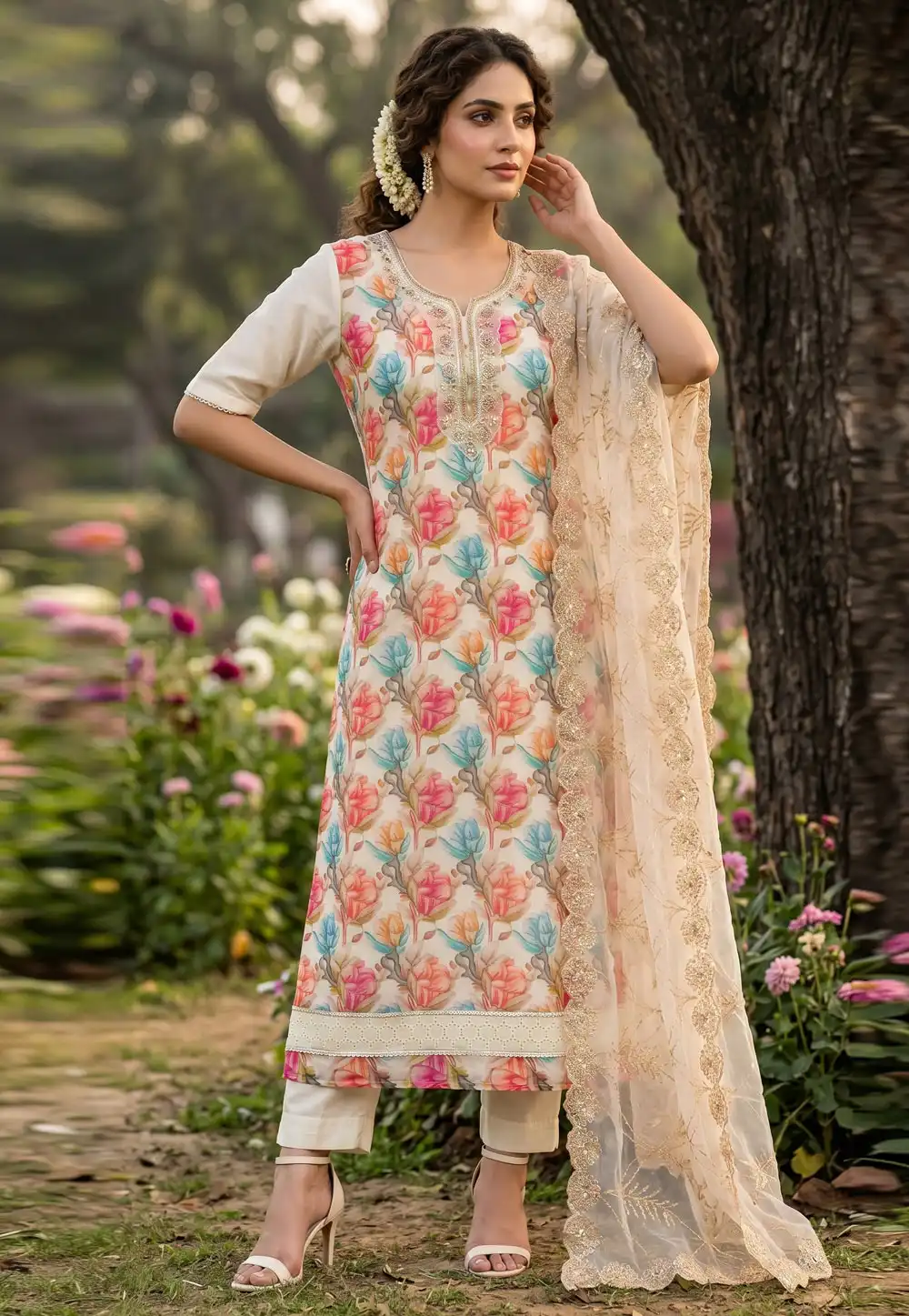 Cream Organza Straight Suit 329365