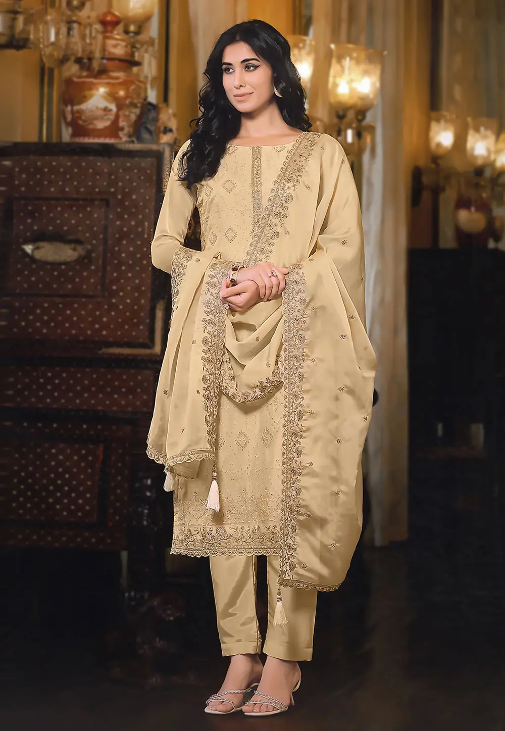 Cream Organza Straight Suit 336791