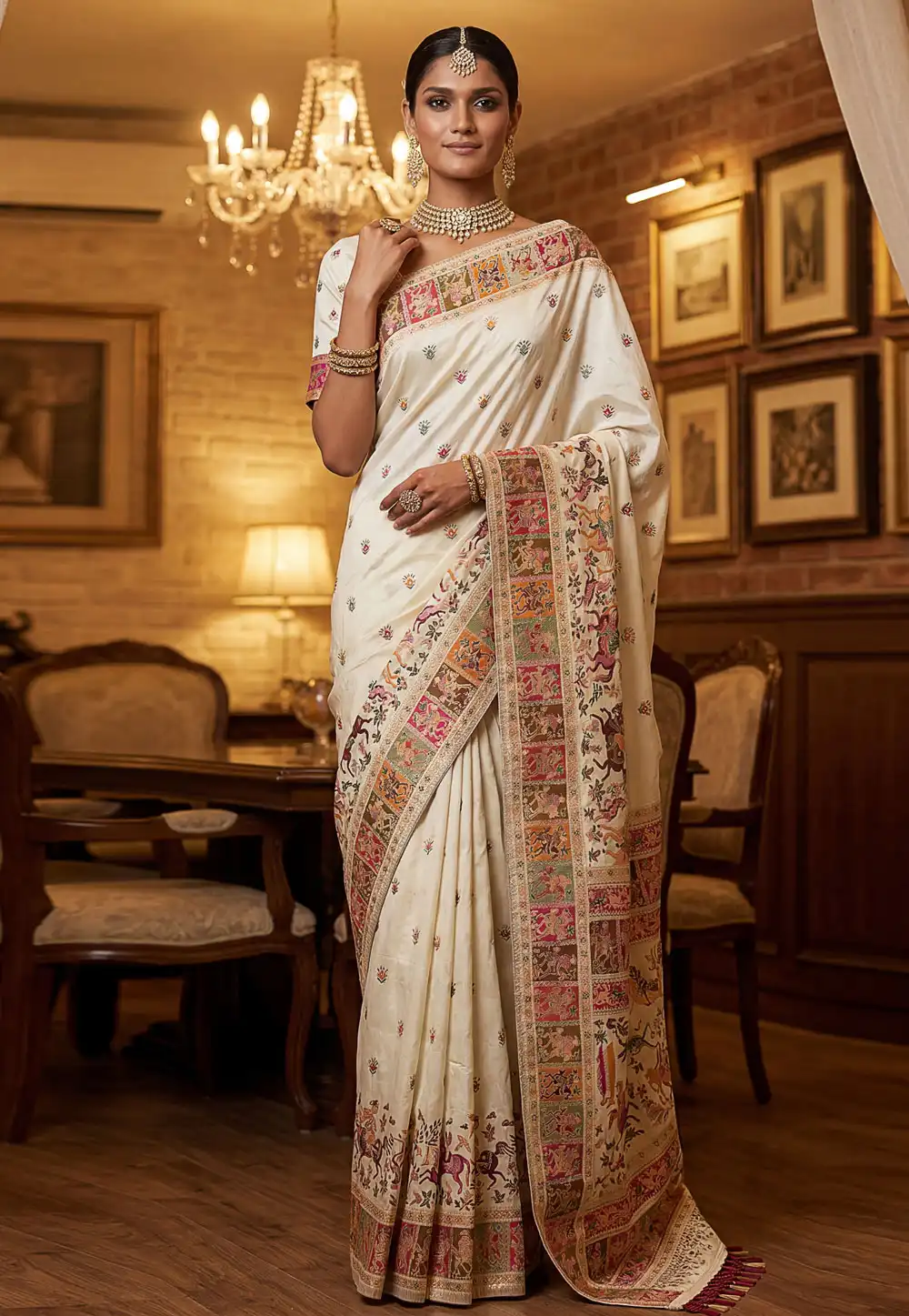 Cream Pashmina Saree With Blouse 327751