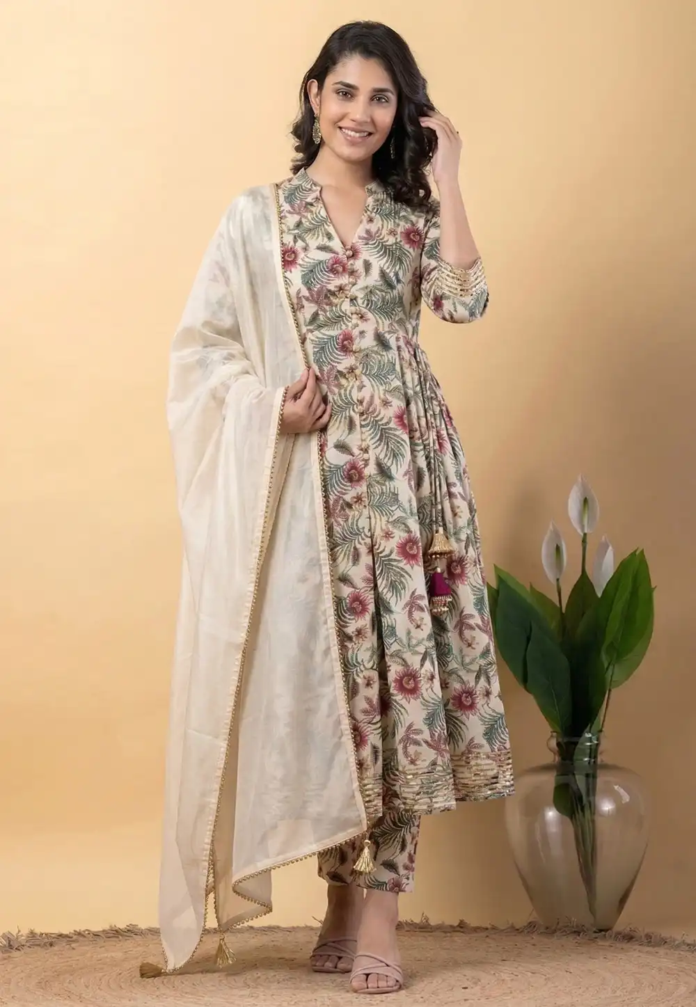 Cream Rayon Readymade Anarkali Suit 328114