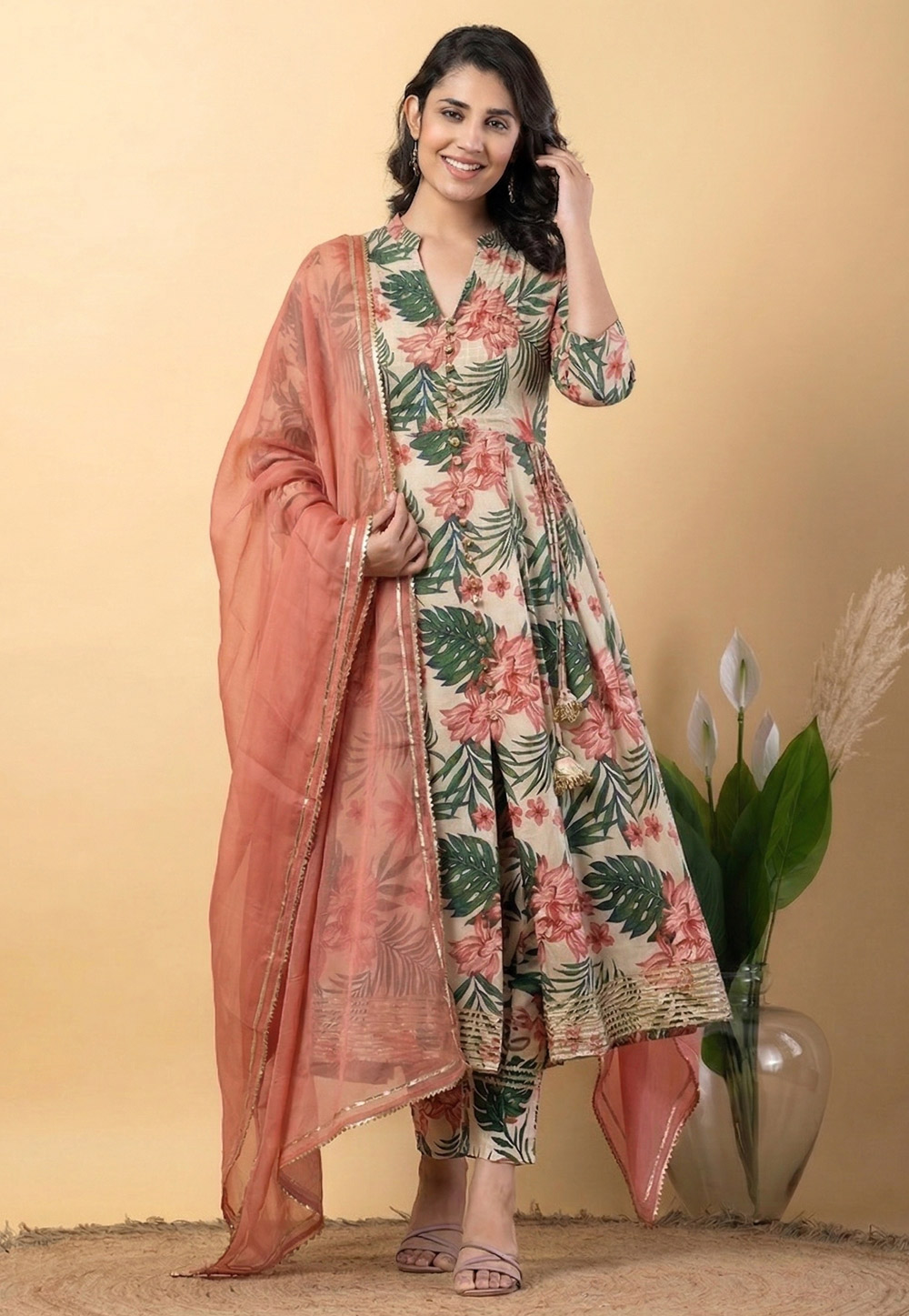 Cream Rayon Readymade Anarkali Suit 328116