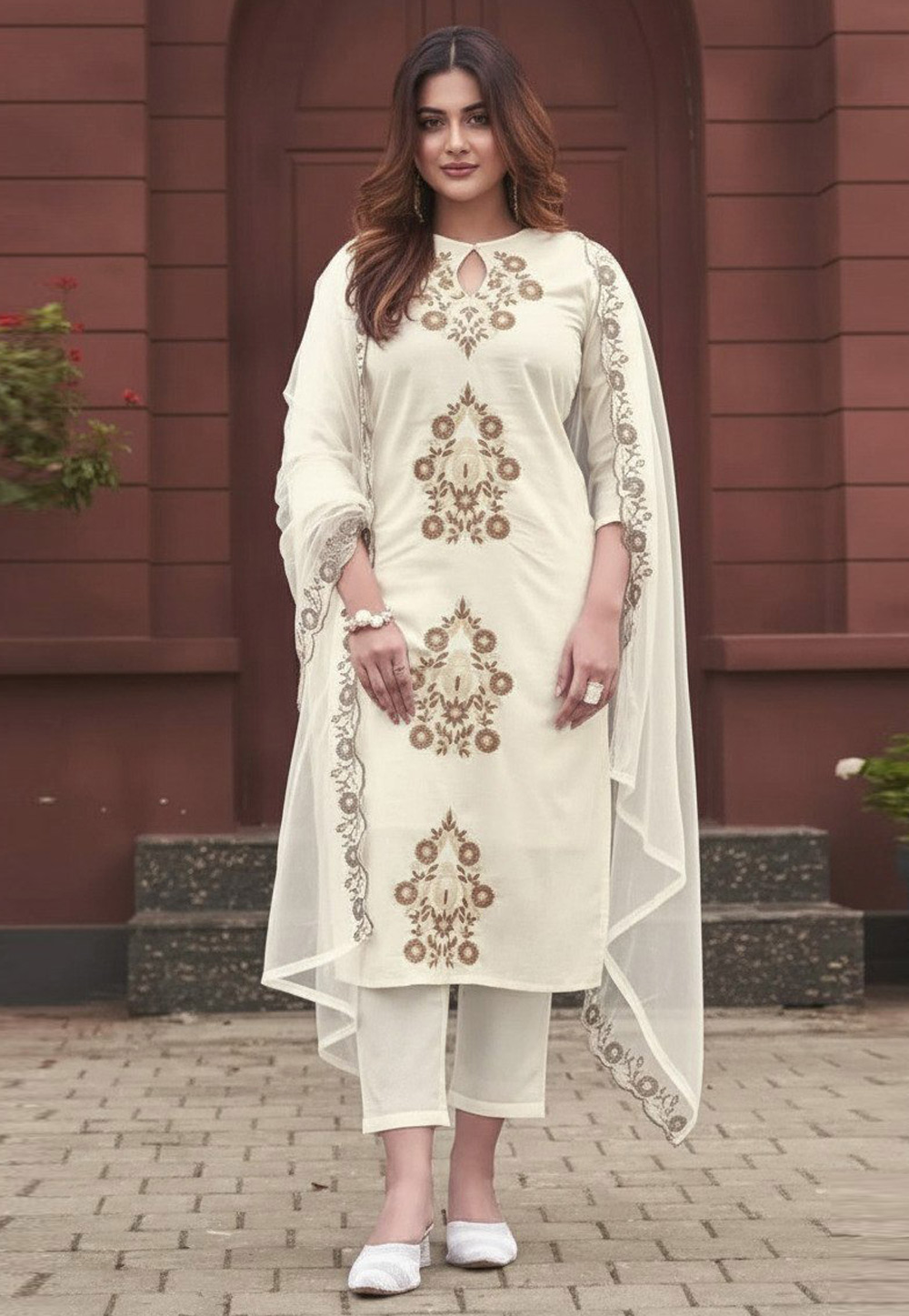 Cream Rayon Readymade Pakistani Suit 329801