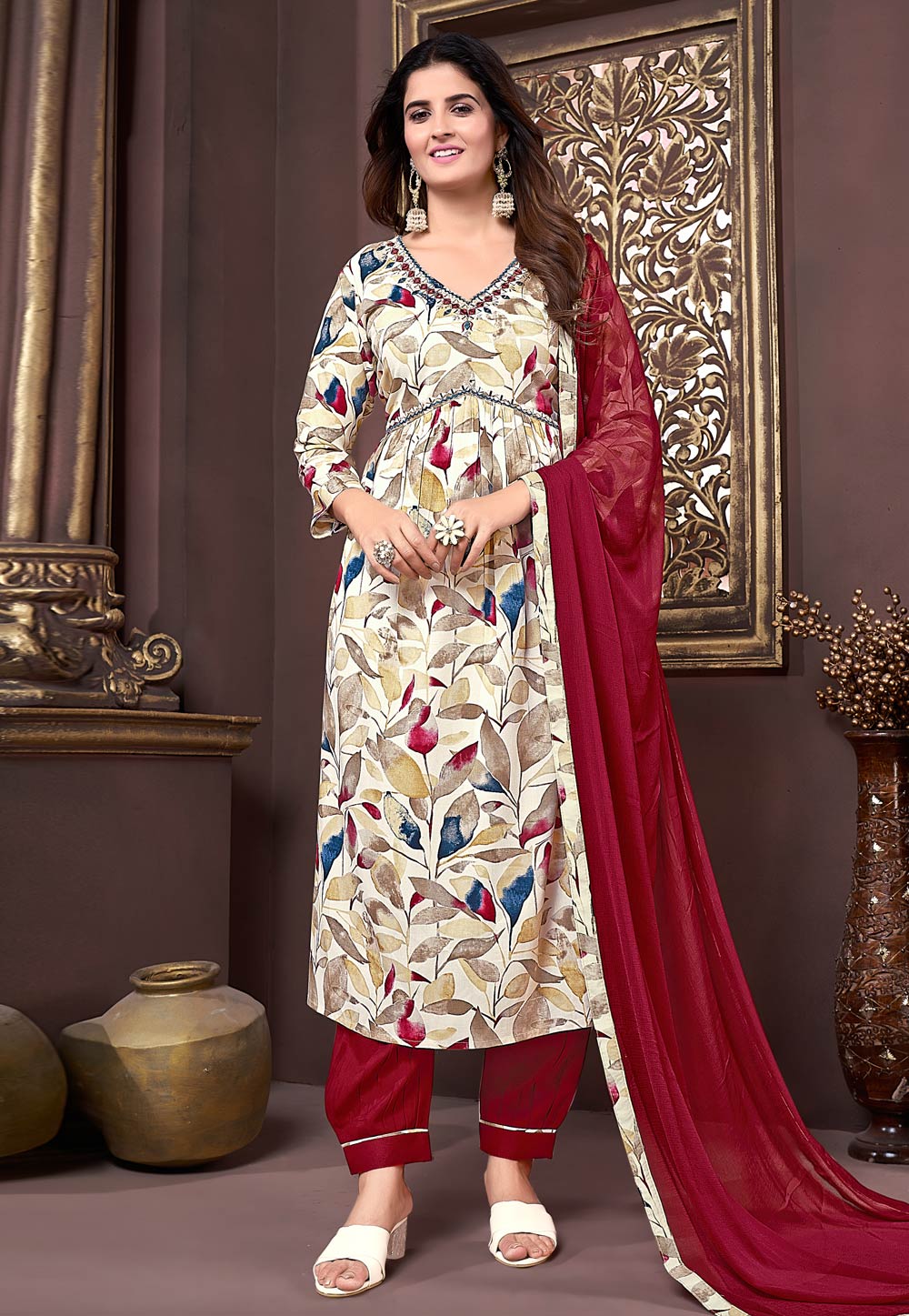 Cream Rayon Readymade Pakistani Suit 284101
