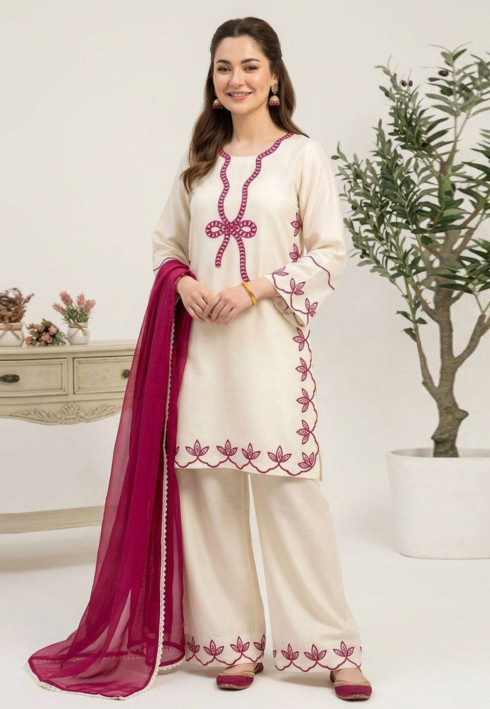 Cream Rayon Readymade Palazzo Suit 329634