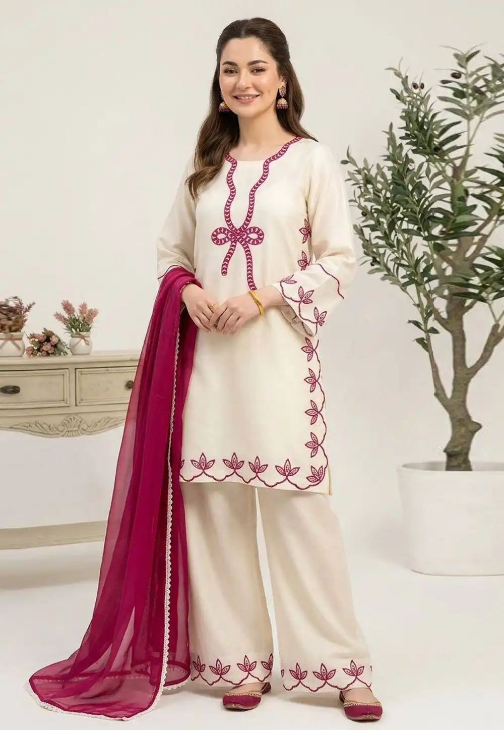 Cream Rayon Readymade Palazzo Suit 329634