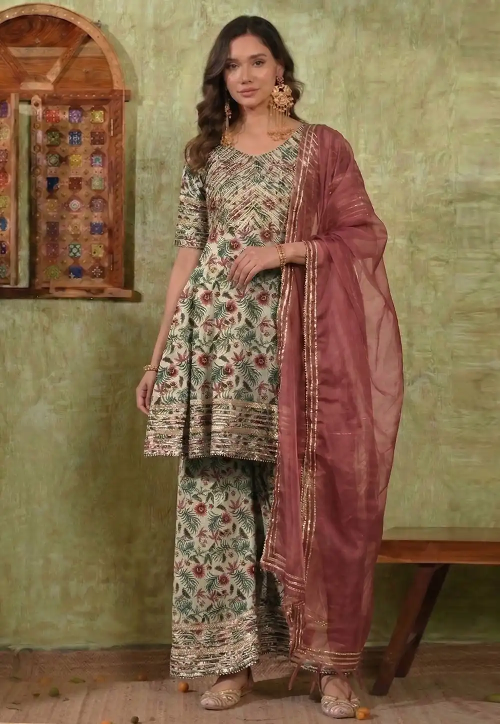 Cream Rayon Readymade Palazzo Suit 328113