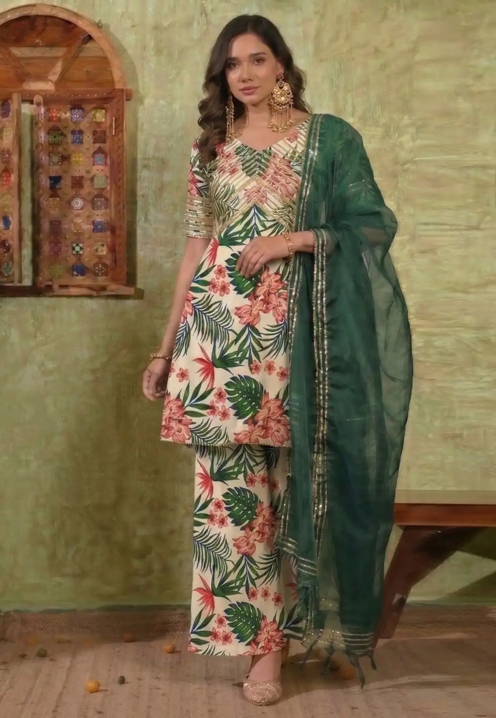 Cream Rayon Readymade Palazzo Suit 328115