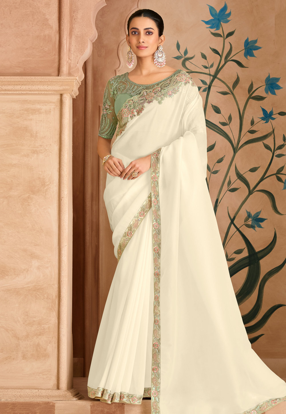 Cream Satin Chiffon Saree With Blouse 324684
