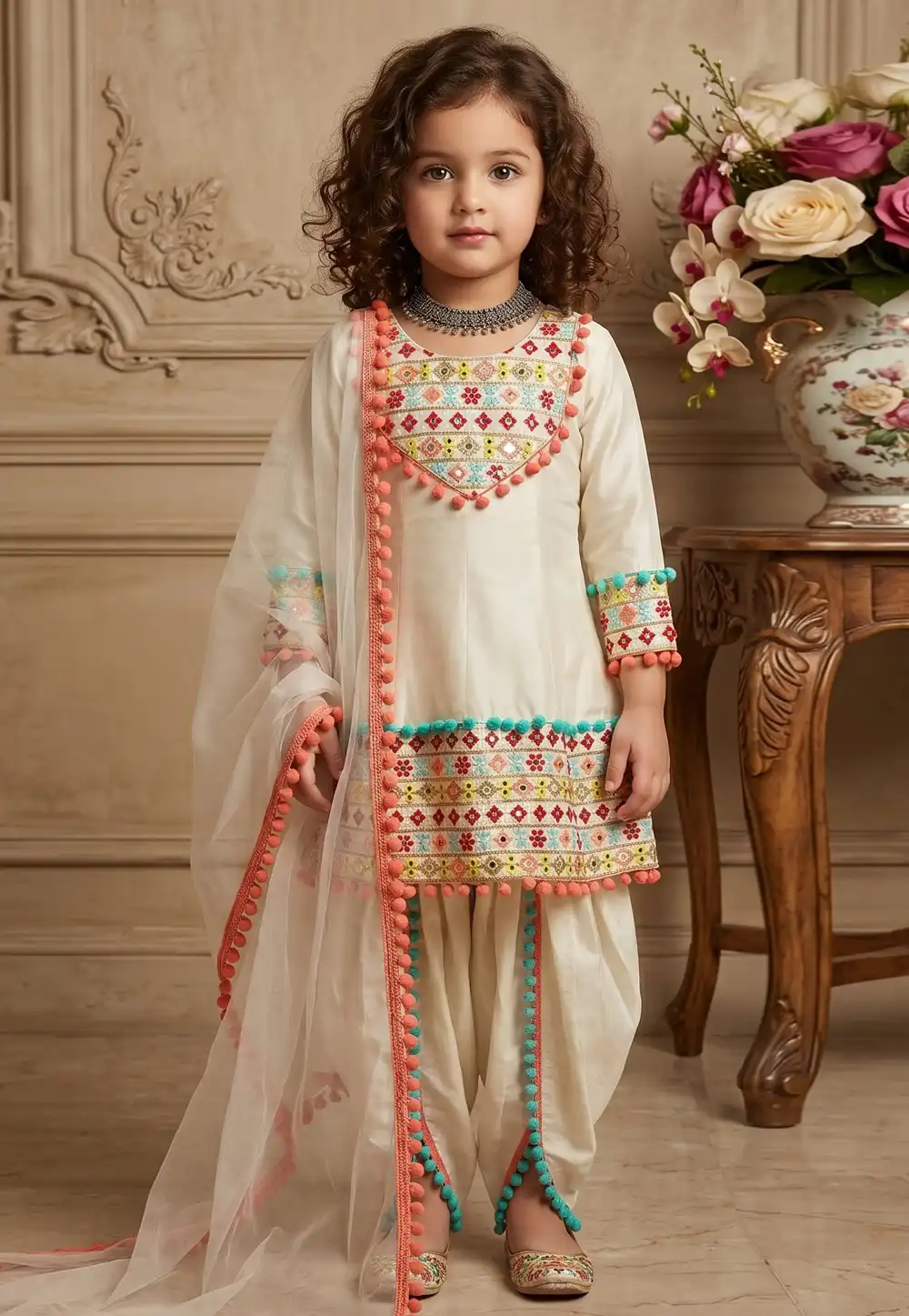 Cream Satin Kids Dhoti Salwar Suit 329913