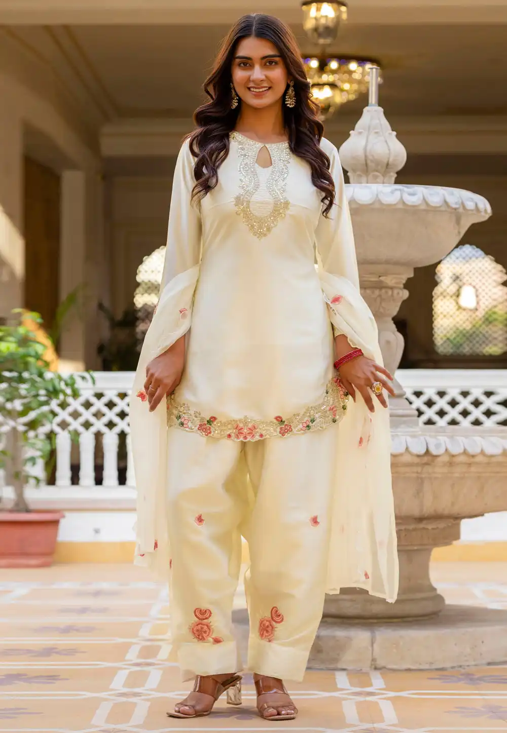 Cream Satin Readymade Patiala Suit 326944
