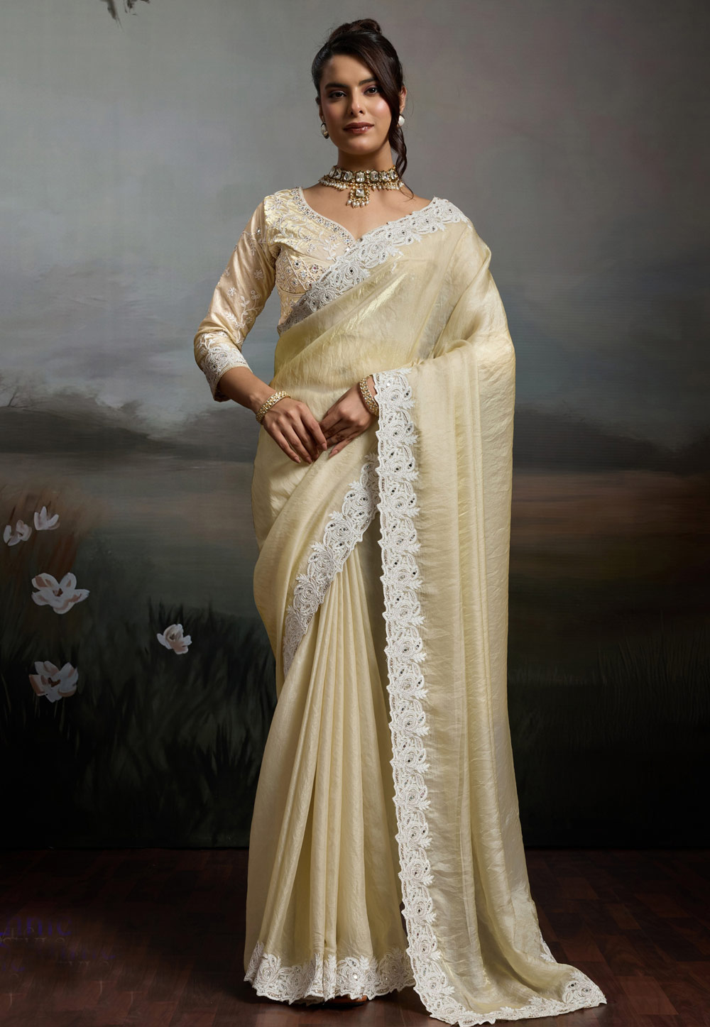Cream Satin Saree With Blouse 328058