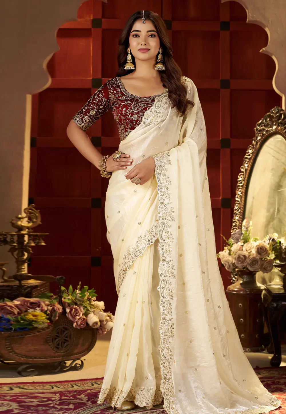 Cream Satin Saree With Blouse 333829