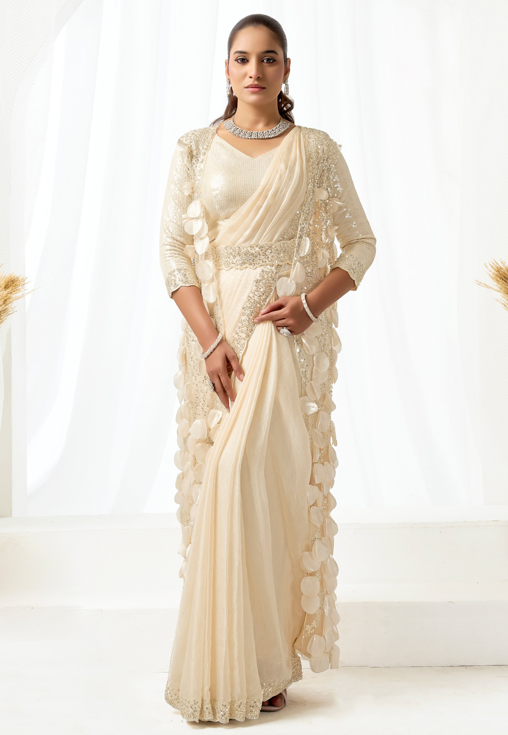 Cream Satin Silk Designer Saree 326766