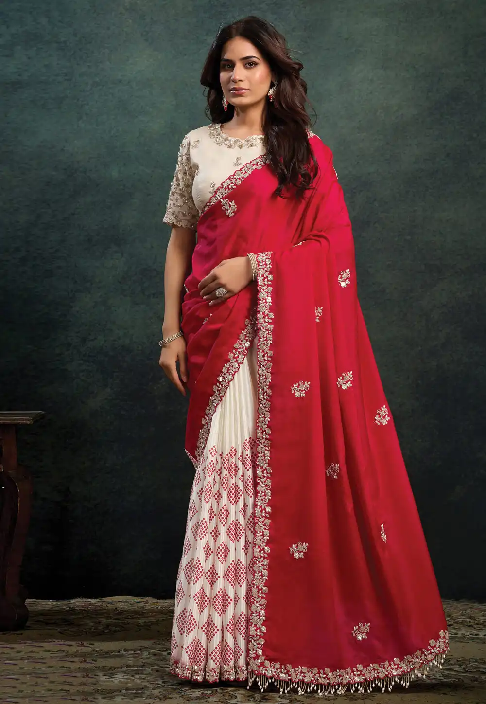 Cream Satin Silk Half N Half Saree 322376