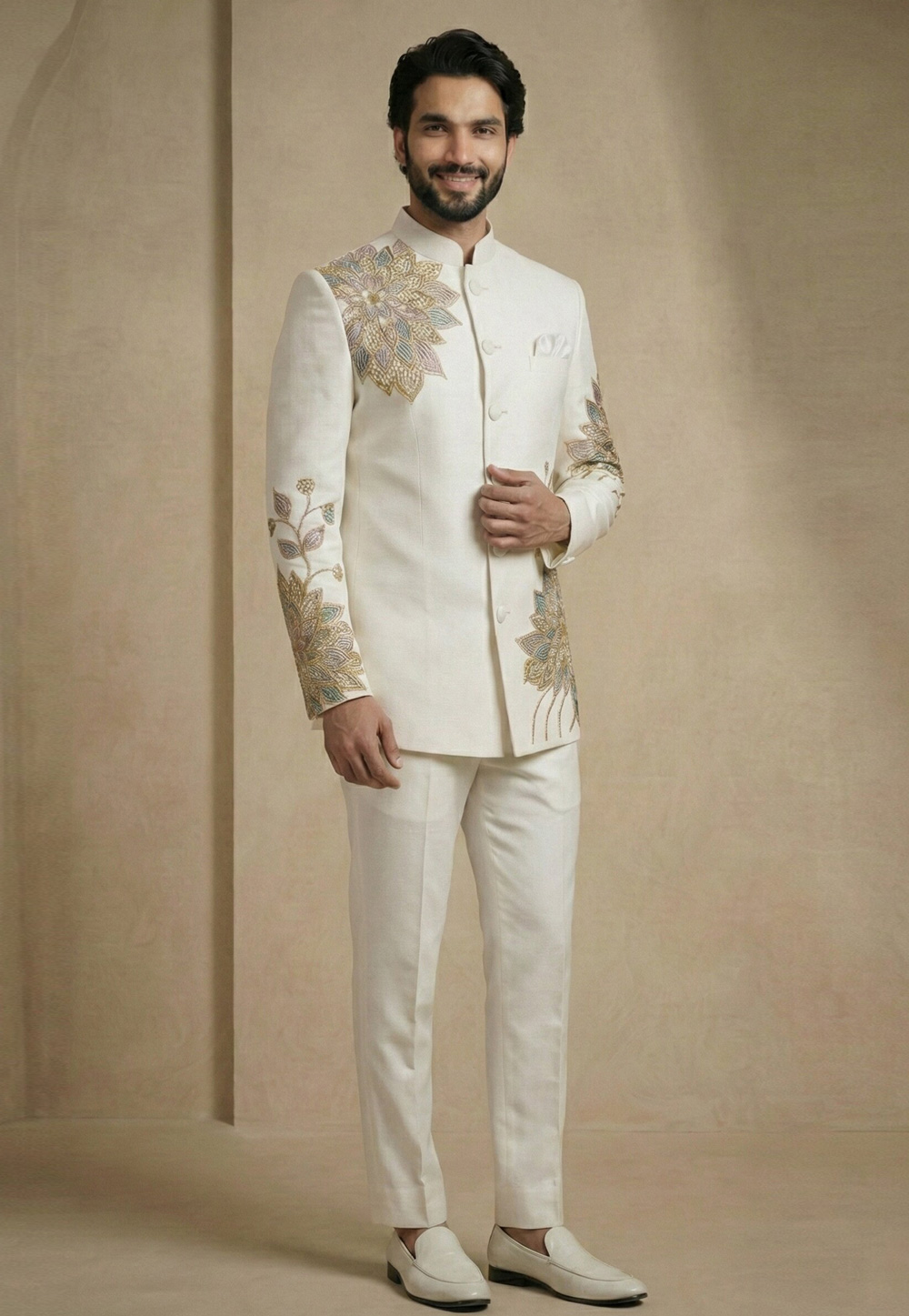 Cream Satin Silk Jodhpuri Suit 324316