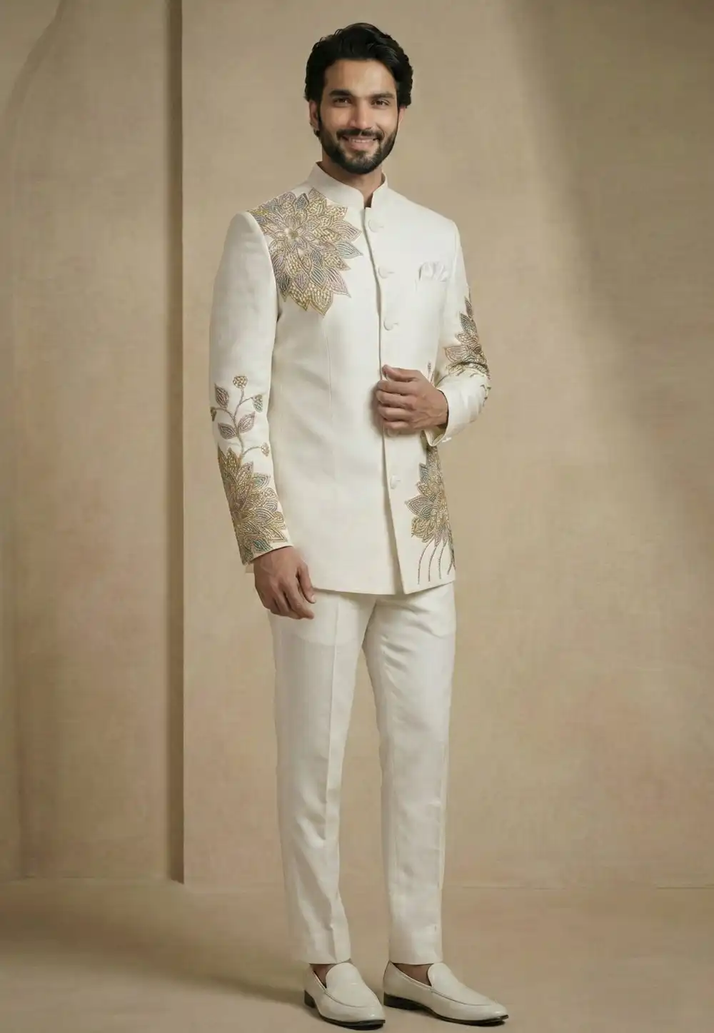 Cream Satin Silk Jodhpuri Suit 324316