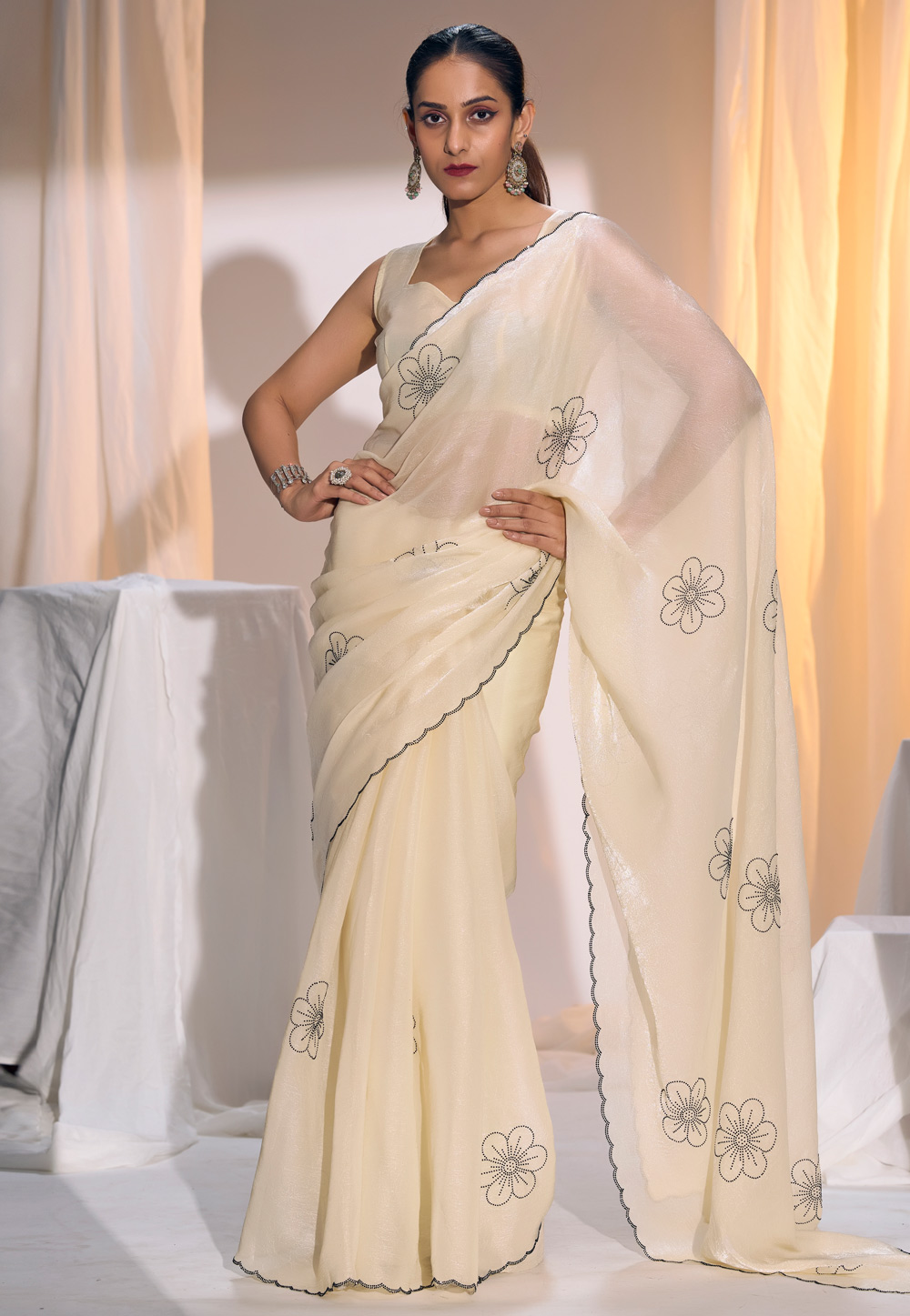 Cream Satin Silk Saree With Blouse 327868