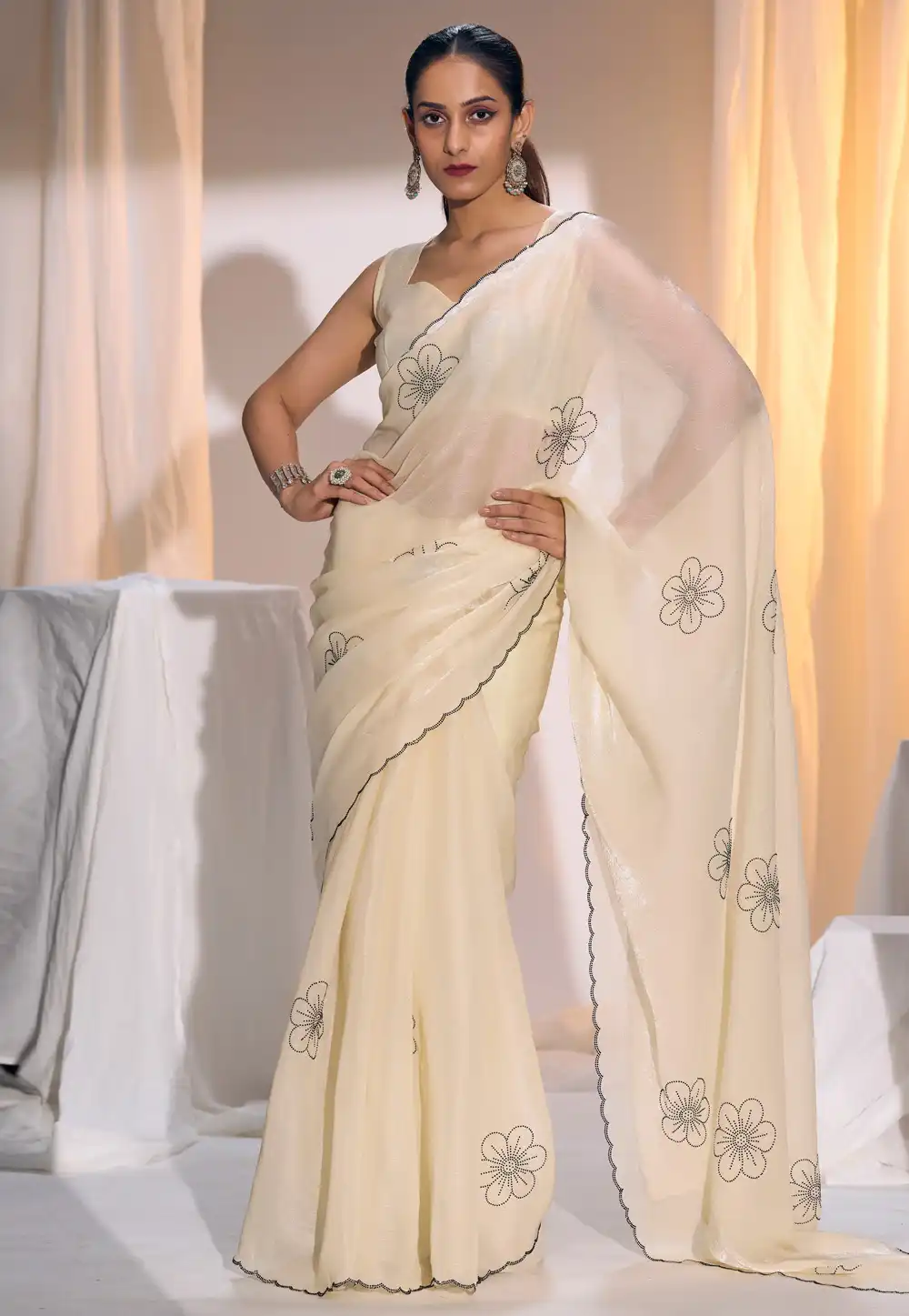 Cream Satin Silk Saree With Blouse 327868