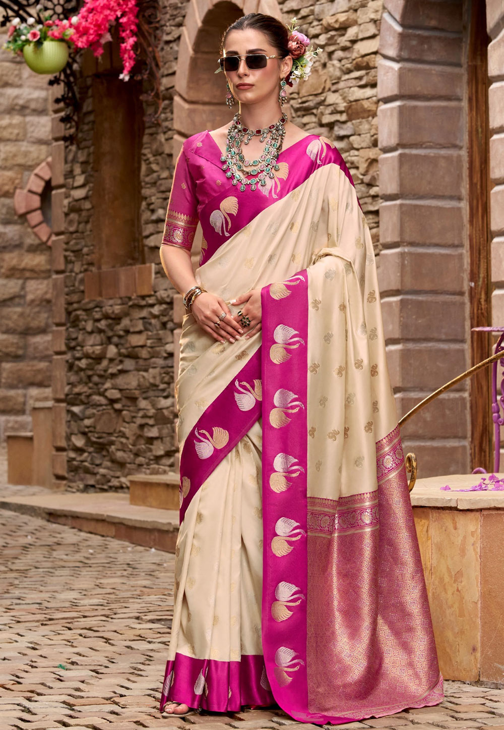 Cream Satin Silk Saree With Blouse 318337
