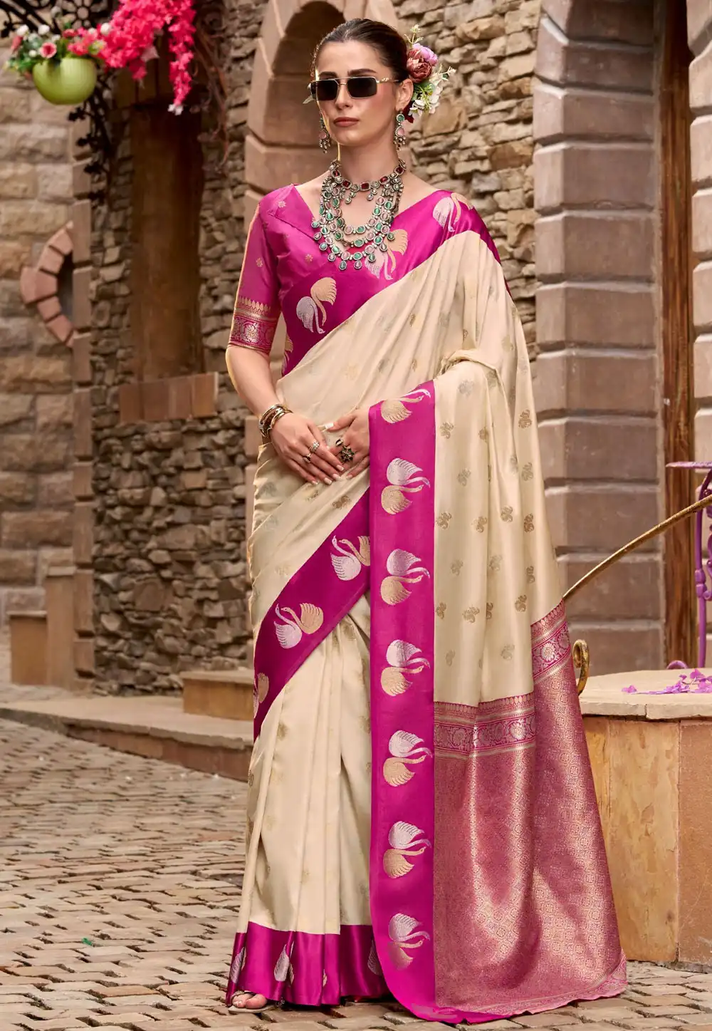 Cream Satin Silk Saree With Blouse 318337