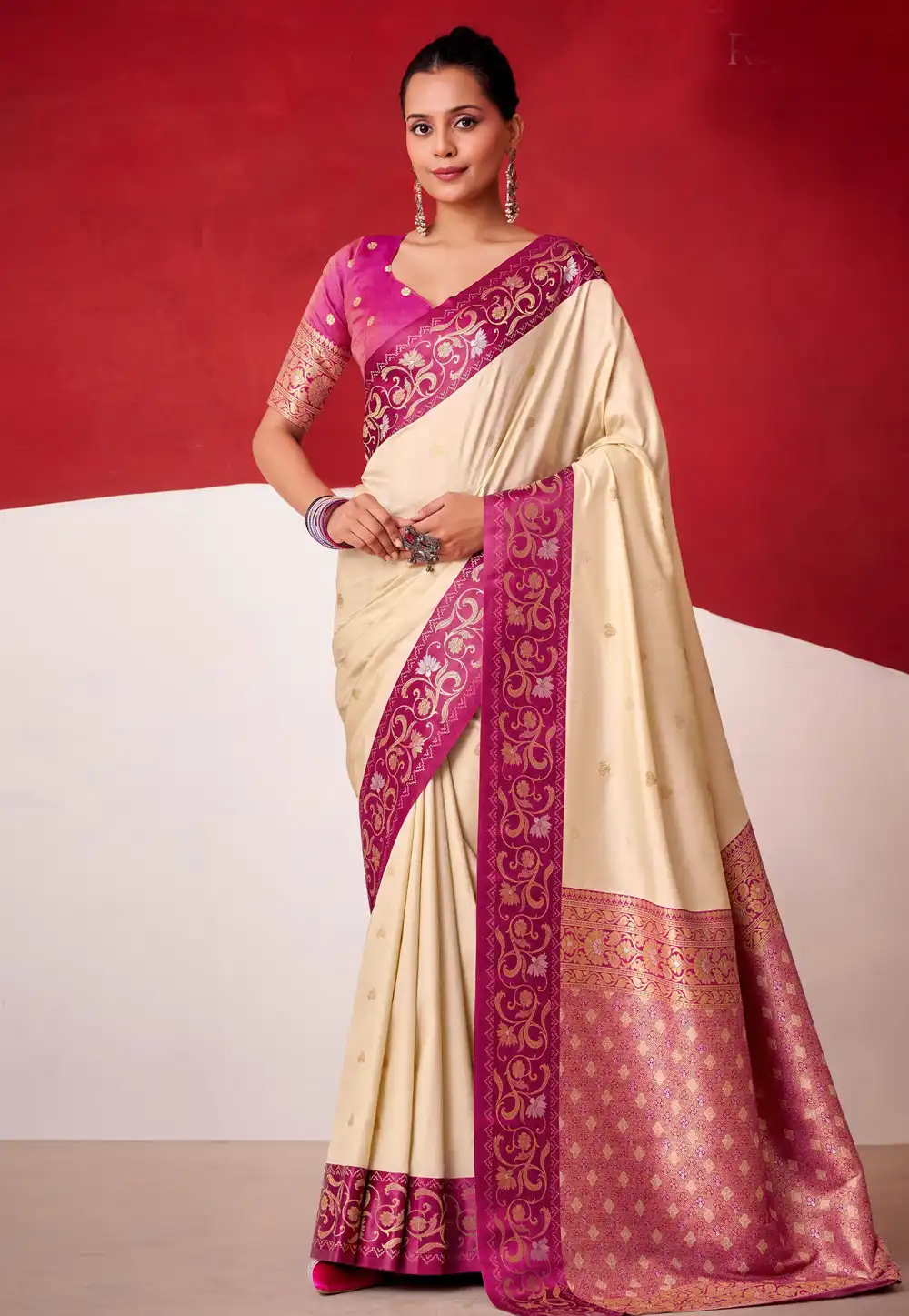 Cream Satin Silk Saree With Blouse 324377