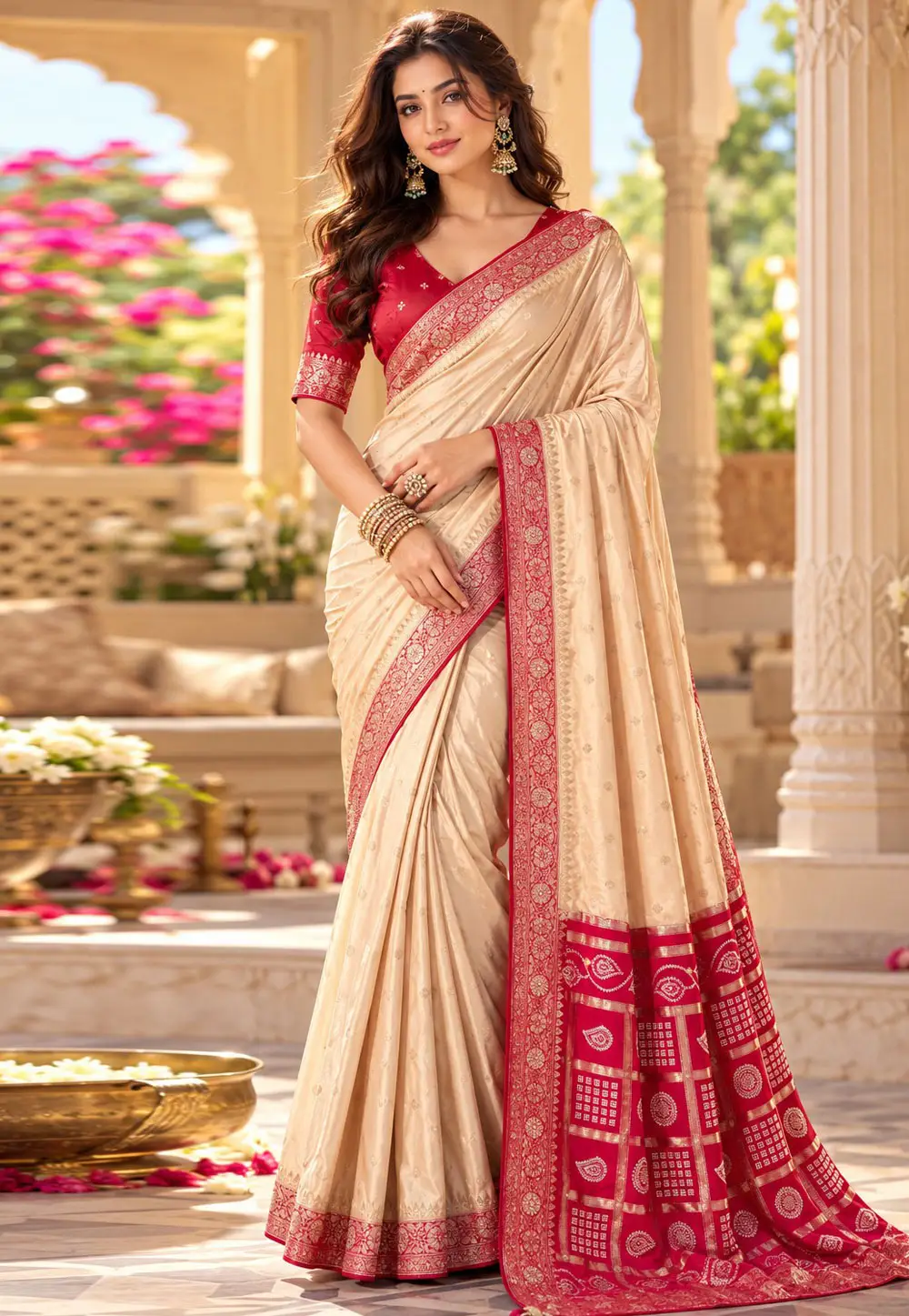 Cream Satin Silk Saree With Blouse 336229