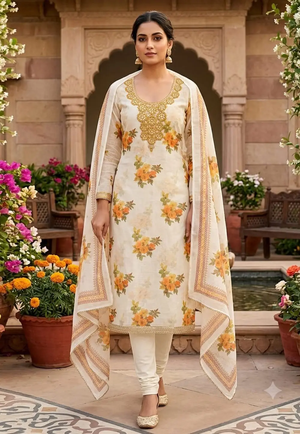 Cream Shimmer Churidar Suit 336042