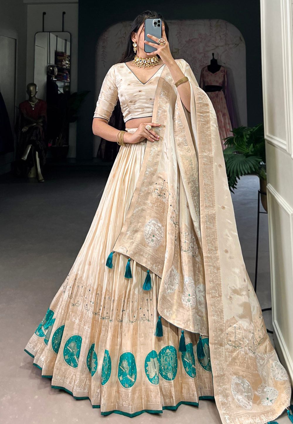 Cream Shimmer Circular Lehenga Choli 308283