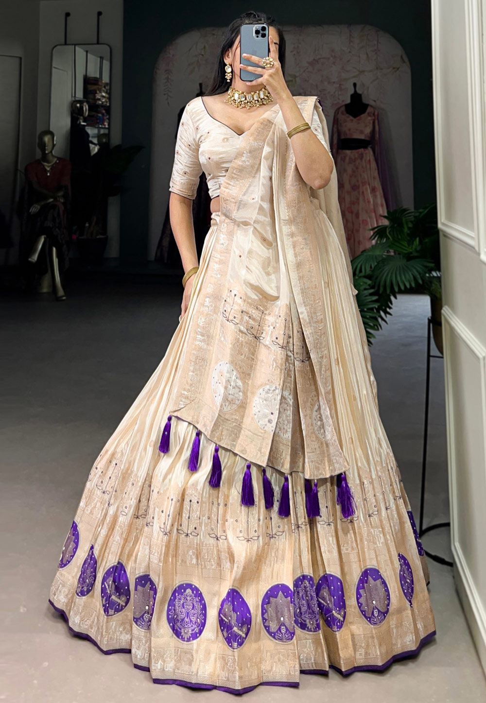 Cream Shimmer Circular Lehenga Choli 308285