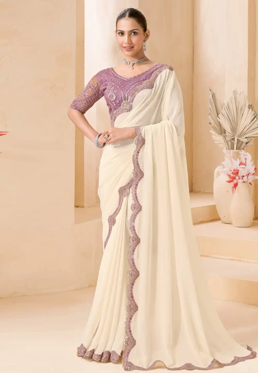 Cream Shimmer Georgette Saree With Blouse 327647