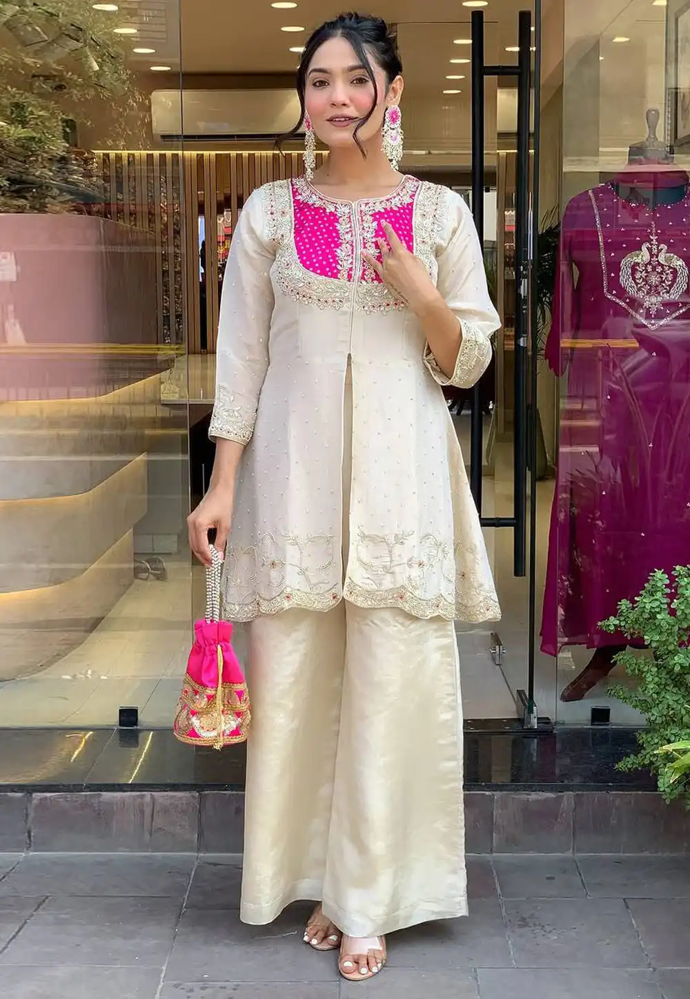 Cream Shimmer Kurta Set With Palazzo 313402