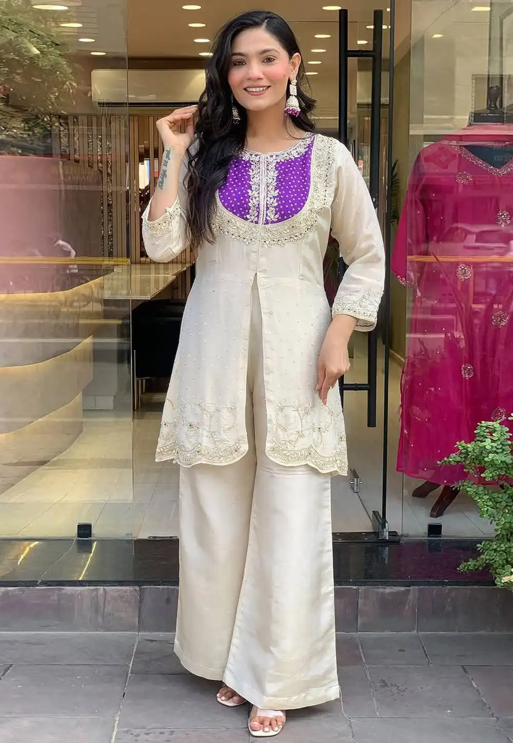 Cream Shimmer Kurta Set With Palazzo 313403