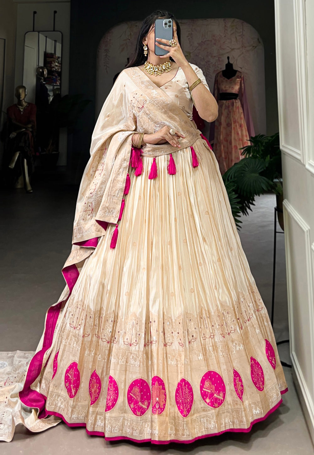 Cream Shimmer Lehenga Choli 308284