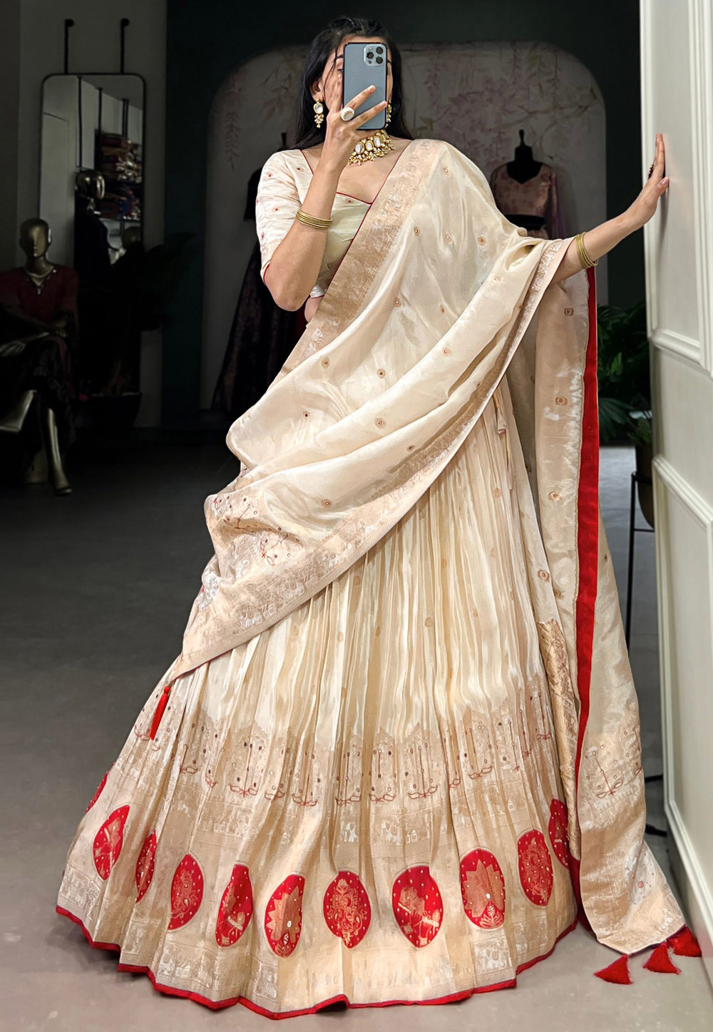Cream Shimmer Lehenga Choli 308286