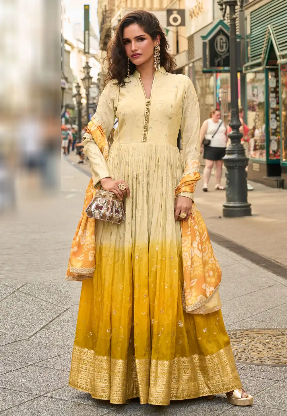 Cream Shimmer Long Anarkali Suit 320194