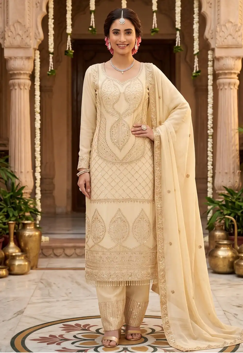 Cream Shimmer Palazzo Suit 328371