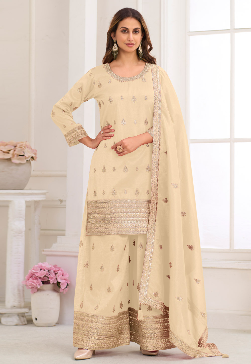 Cream Shimmer Palazzo Suit 328392