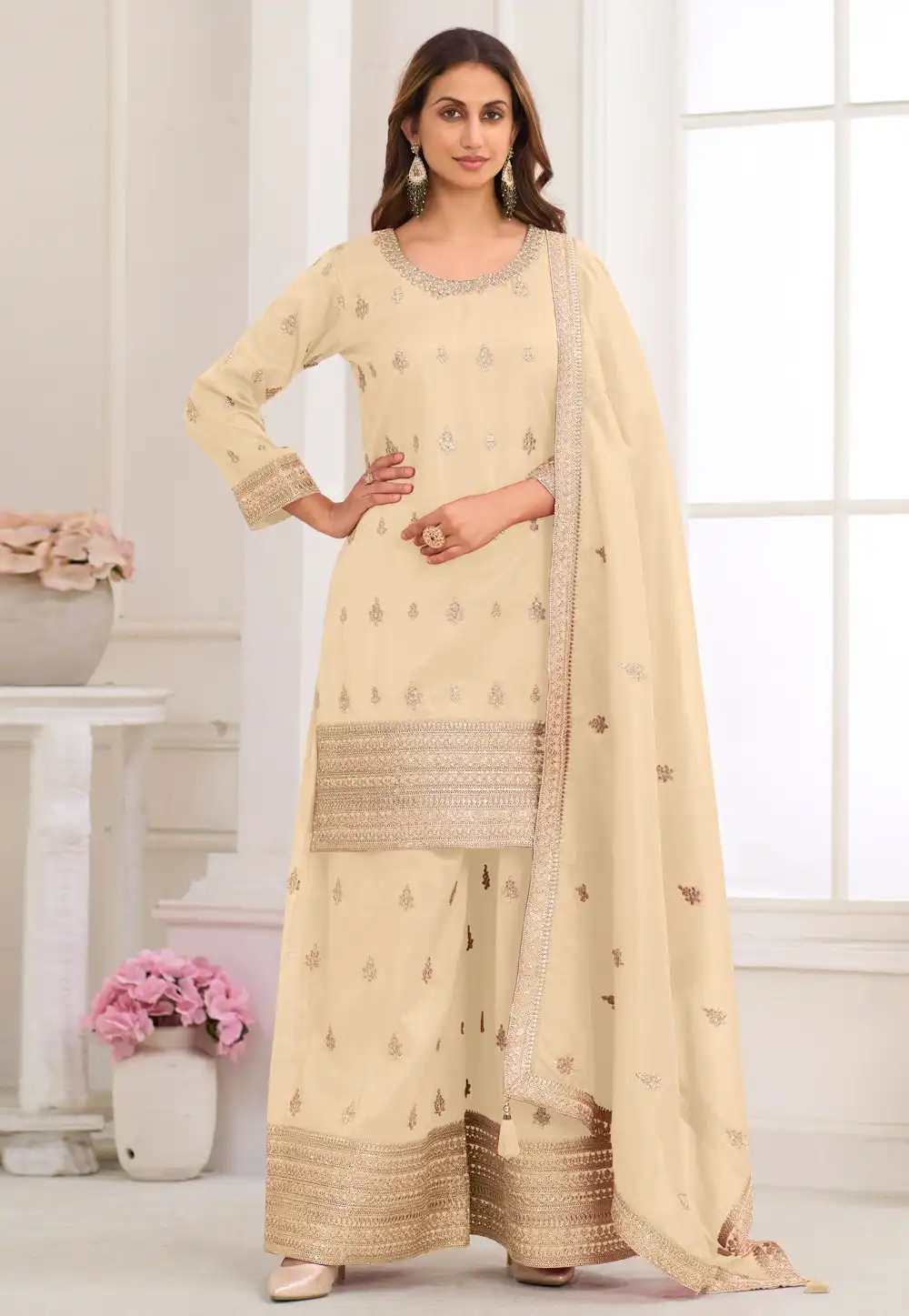 Cream Shimmer Palazzo Suit 328392
