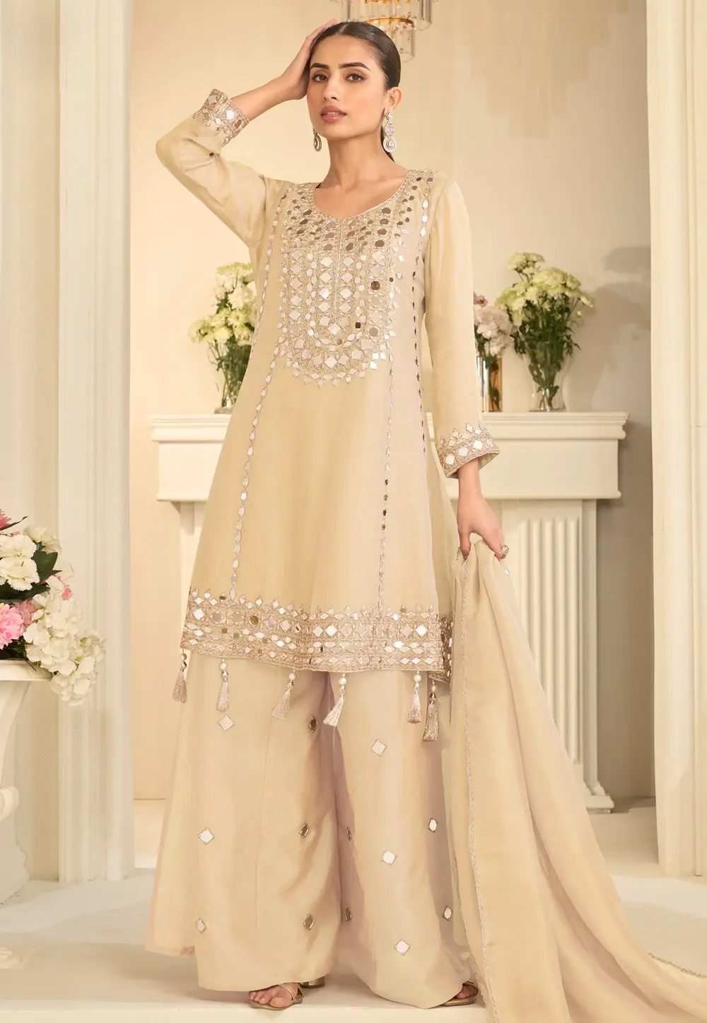 Cream Shimmer Palazzo Suit 333791