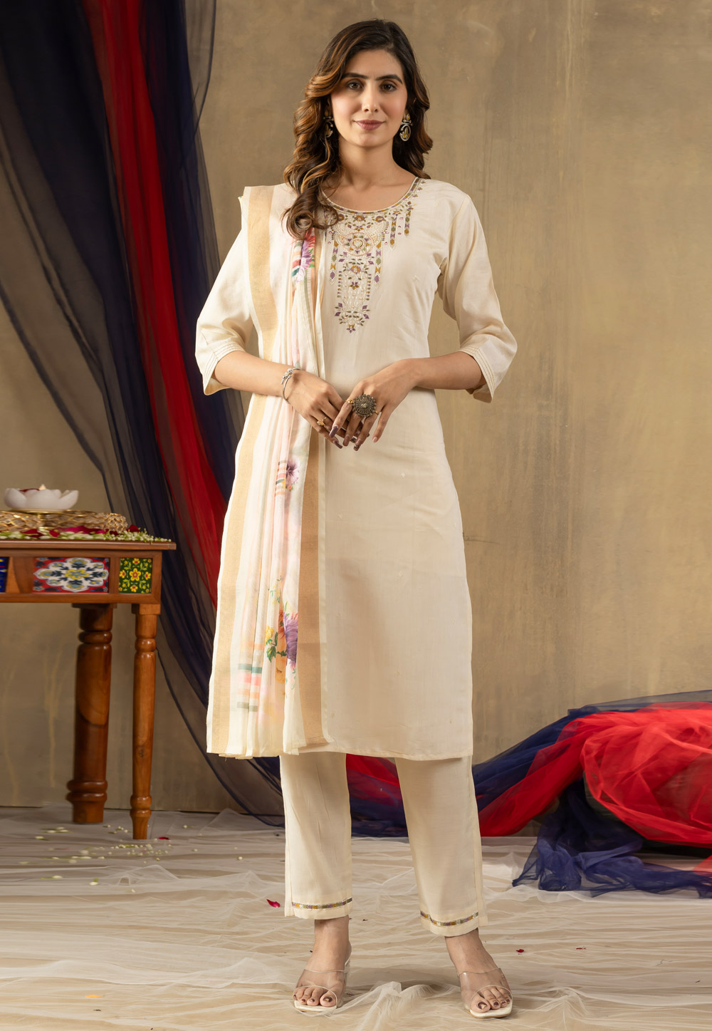 Cream Shimmer Readymade Pakistani Suit 321400